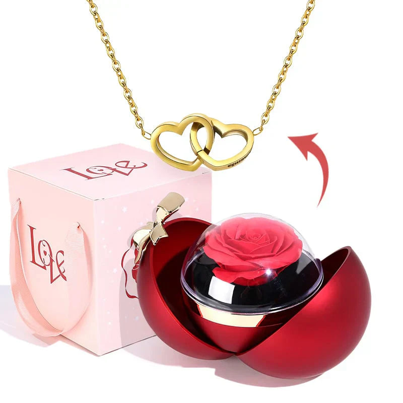 Dárková krabička s věčnou růží – gravírovaný náhrdelník se dvěma srdci